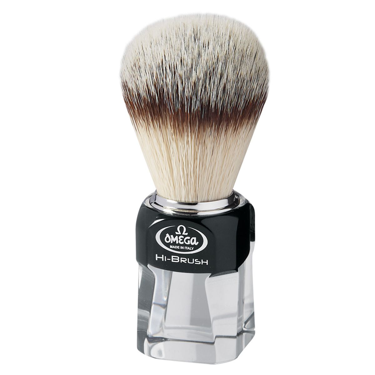 Omega barberbørste hi-brush syntetisk hår med grævling hår effekt sort gennemsigtigt skaft 11cm