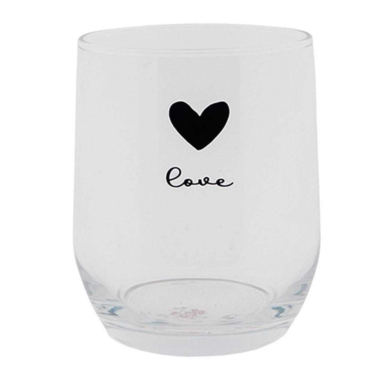 Clayre eef gennemsigtigt drikkeglas med sort hjerte og ordet kærlighed. ø8x9cm 300ml