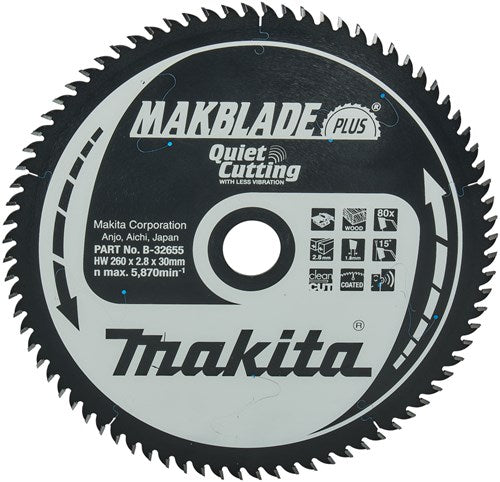 Makita tilbehør bordsavklinge træ - makblade-plus 260x30x2,8 80t 15g - b-32655