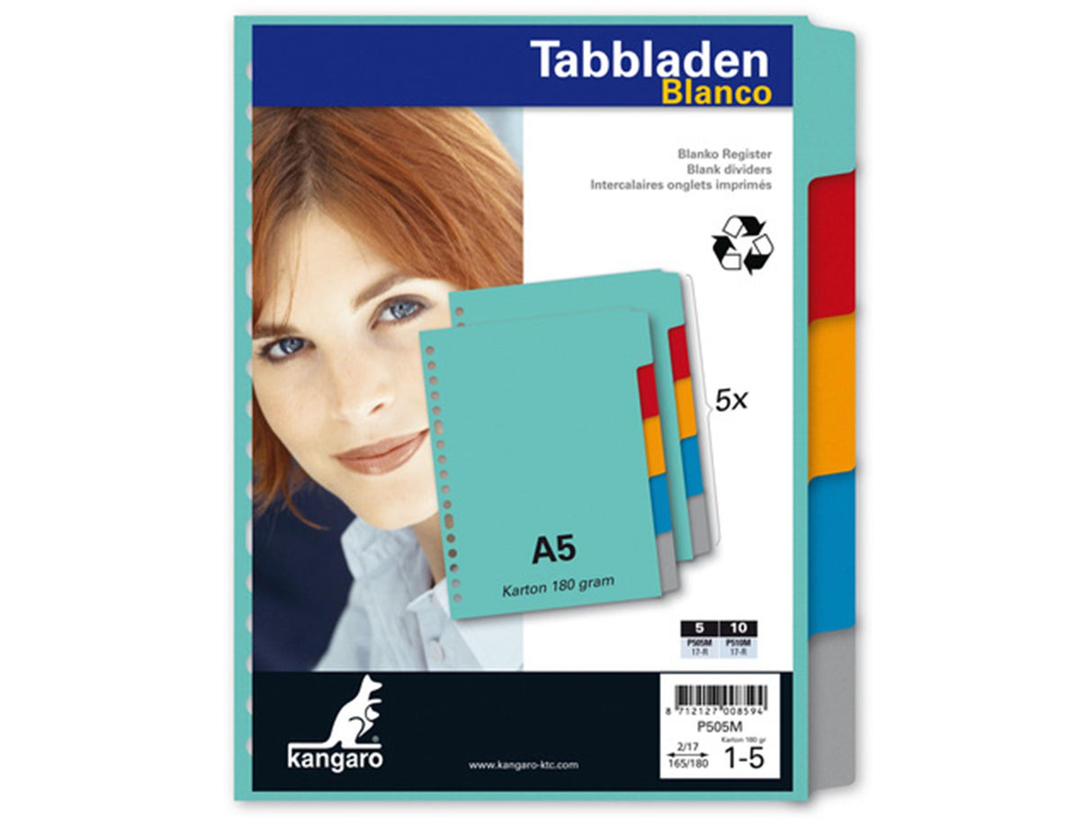 Kangaro tab a5 blank karton 180 gram assorteret 17-hullers 5-delt pap