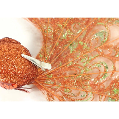 Påfugl på klip glitter kobberfarvet 18 cm | 12 stk