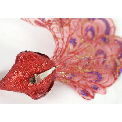 Påfugl på klip glitter rød 18 cm | 12 stk