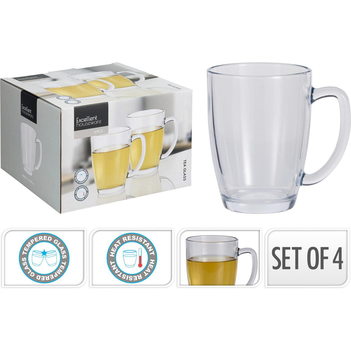Excellent houseware theeglas gehard glas set van 4 stuks