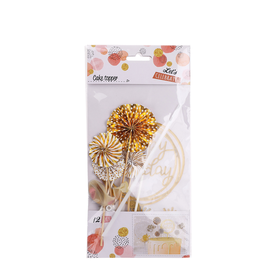 Taartdecoratie set goud happy birthday 12-delig