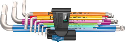 Wera 3950 9 hex-plus multicolour hf rustfri 1 L-nøglesæt | metrisk | rustfrit stål | med holdefunktion | 9 dele - 05022699001