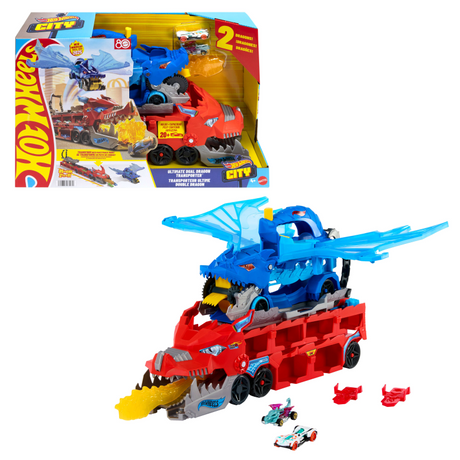 Hot Wheels City - Ultimativt dobbelt drage-transportkøretøj og 2 legetøjsbiler