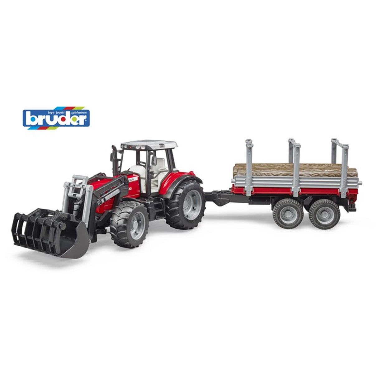 Bruder Massey Ferguson traktor med frontlæsser og tømmertransporttrailer