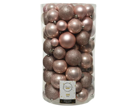 Decoris ubrydelige julekugler mix lavet af plastik, tube med 100 stykker, pudderrosa