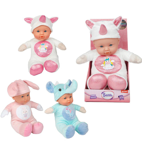 Toi-legetøj beau blød babydukke i dyredragt 31cm 3 assorteret