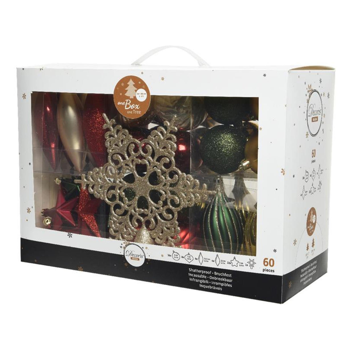 Decoris unbreakable Christmas ball set 59 assorted balls with 1 spike pine green oxblood light gold pearl