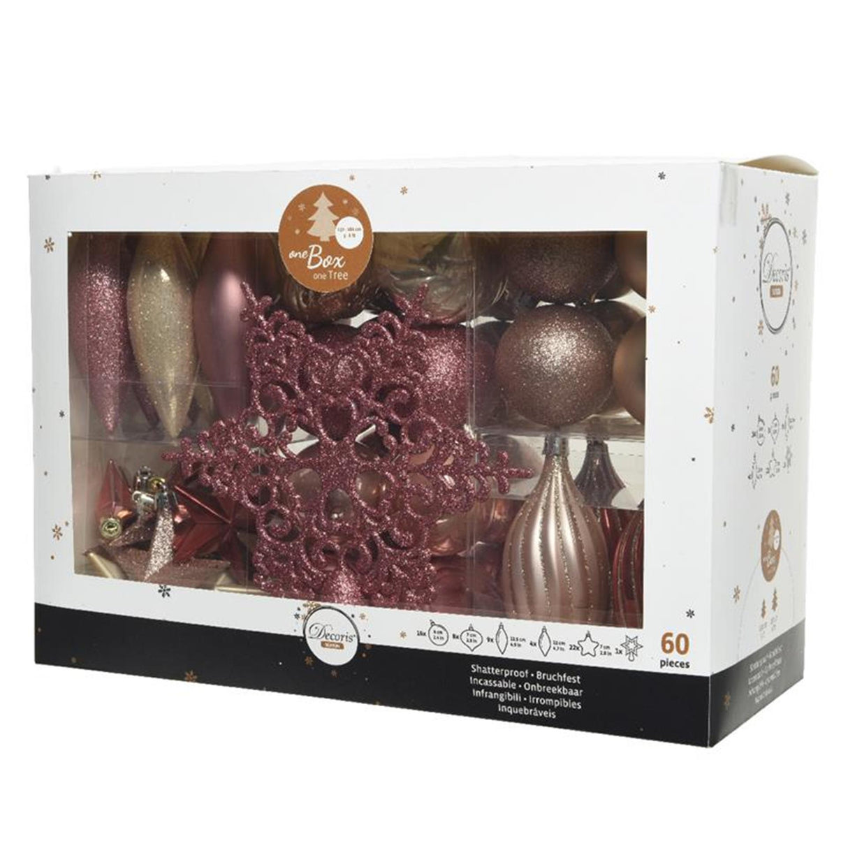 Decoris ubrydelige julekuglesæt 59 assorterede kugler med 1 spids. fløjlsrosa blush pink perle