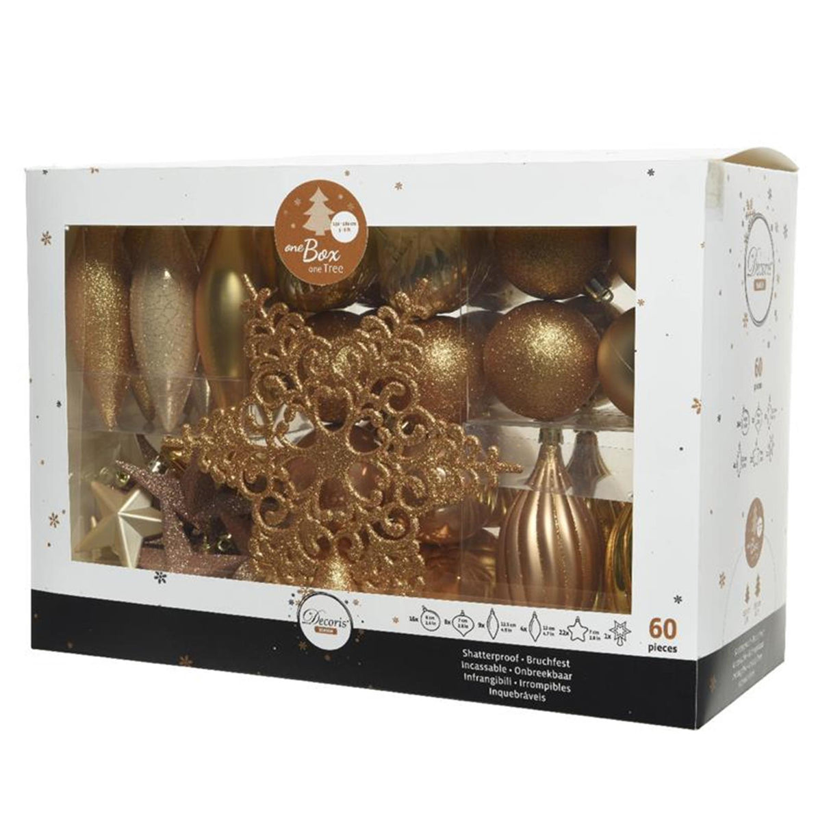 Decoris ubrydelige julekuglesæt 59 assorterede bolde med 1 spids lys guldperle-smørkarmel