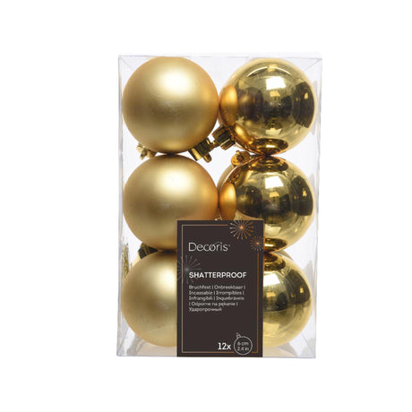 Decoris julekugler af plast, blank guld, dia. 6 cm, 12 stk