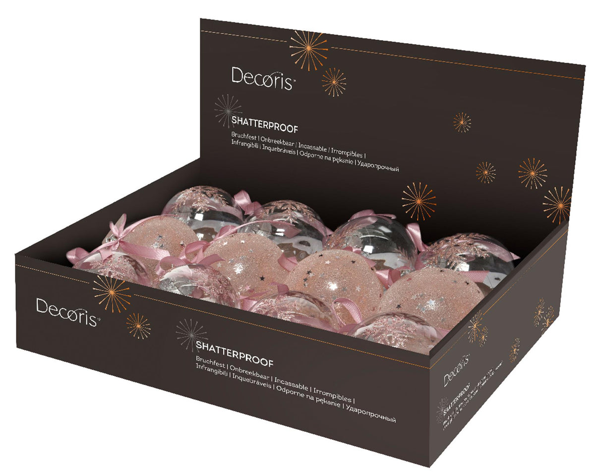 Decoris julekugler mix plast 8cm 12stk pink