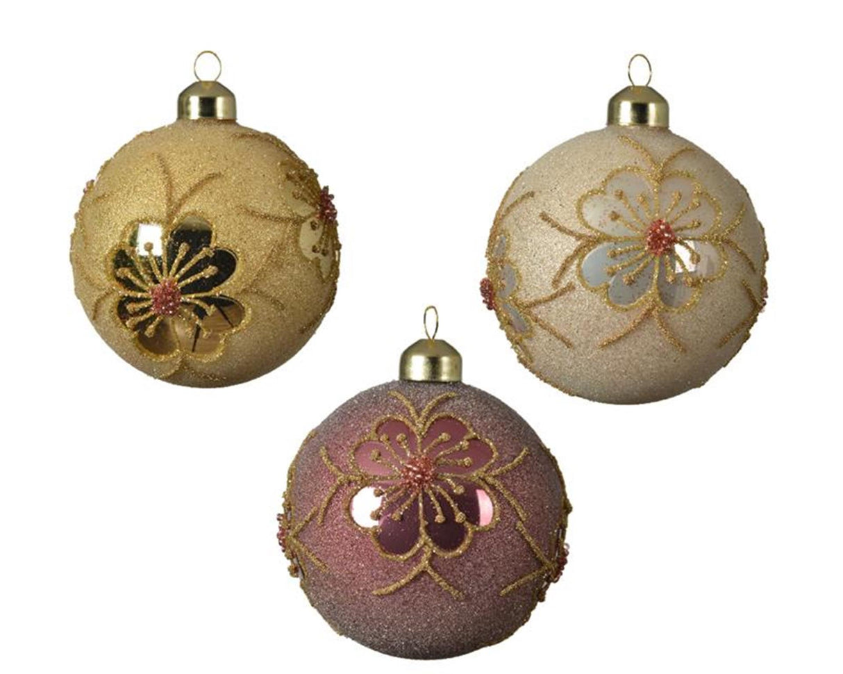 Dekoreret julekuglesæt af glas, sæt med 3 kugler dia 8cm i assorterede farver lys guld, perle og fløjlsrosa