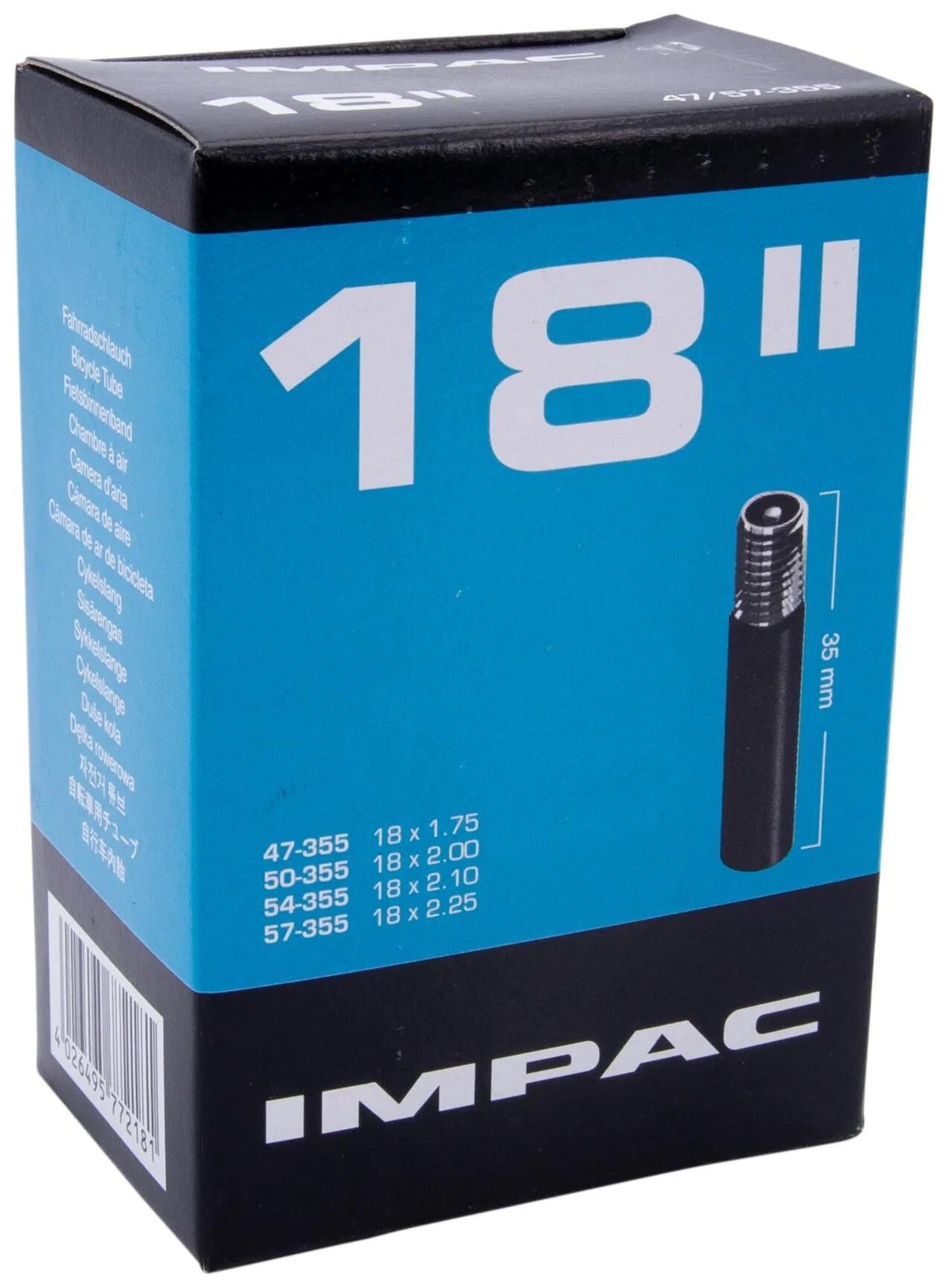 IMPAC Inner Tube (af Schwalbe) AV18 18X1.75 2.35 ETRO 47 57-355, Ventil: Schrader Auto 35mm