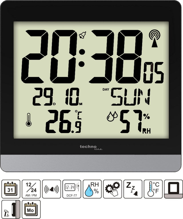 Technoline digitalt radiostyret vægur bordur - termometer hygrometer - dato - snooze funktion ws 8014