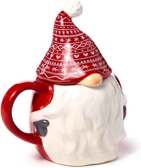 Puckator kop krus med låg - scandi jule nisse formet - rød hvid - keramik - 500ml
