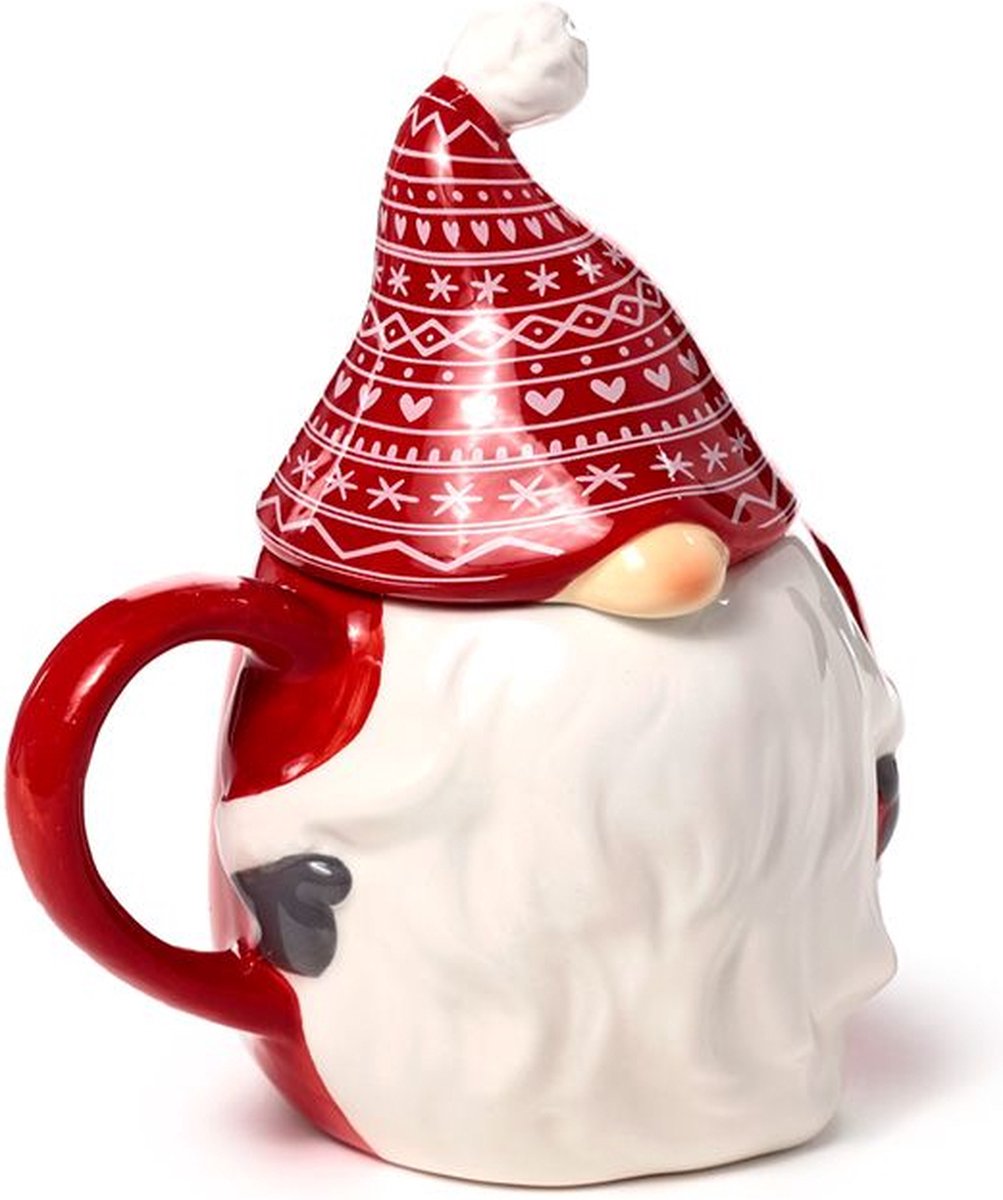 Puckator kop krus med låg - scandi jule nisse formet - rød hvid - keramik - 500ml