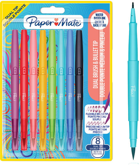 Paper mate flair dobbelt filtpen | børste og medium ende (0,7 mm) | farvede kuglepenne med dobbelte ender | forskellige farver | 8 stk