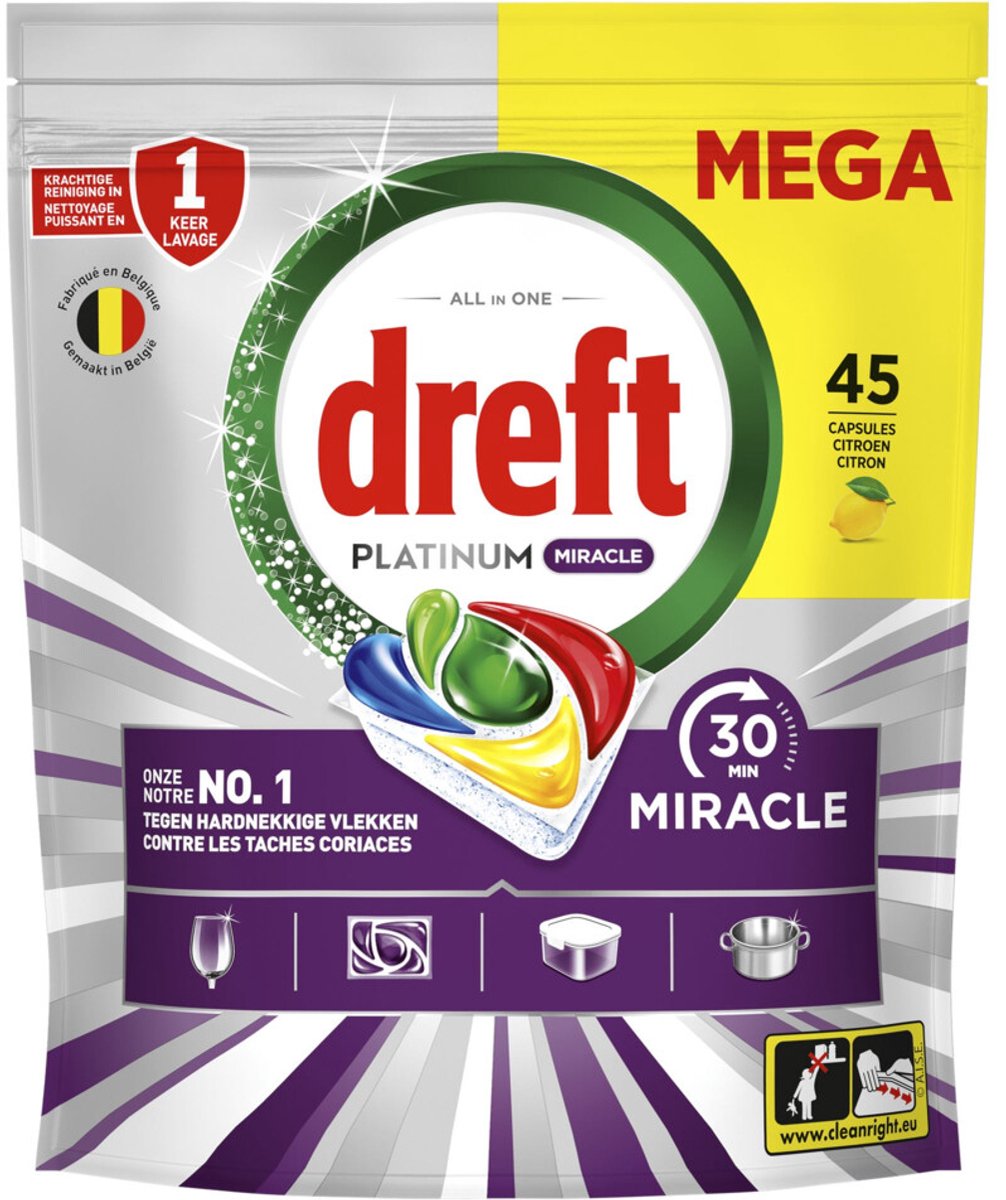 Dreft platinum miracle alt i én opvasketabletter - 30 minutters mirakel - 45 stykker