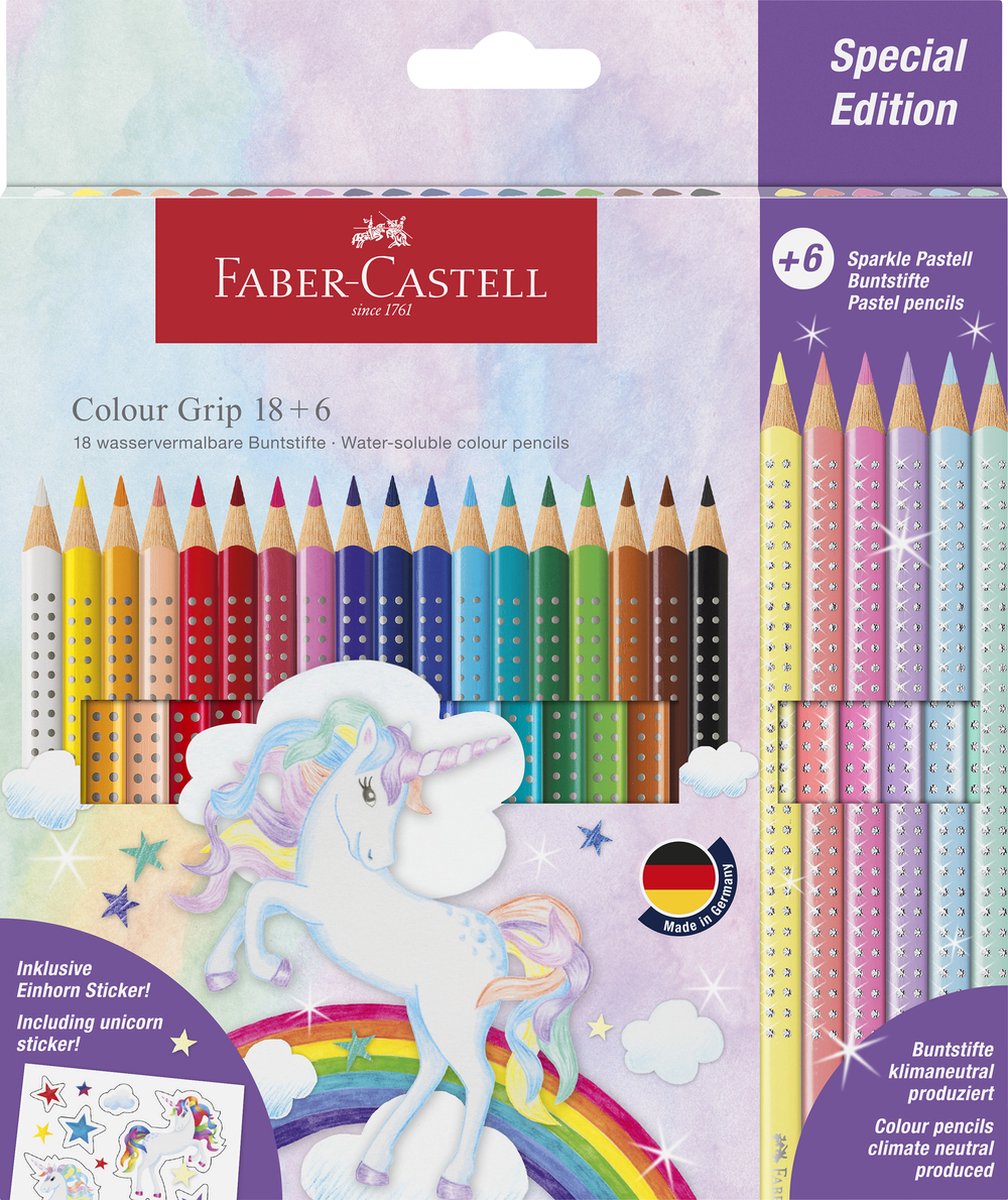 Faber-castell farveblyanter - grip enhjørning - 18 farver greb + 6 funklende pastel + enhjørning klistermærker - fc-201543