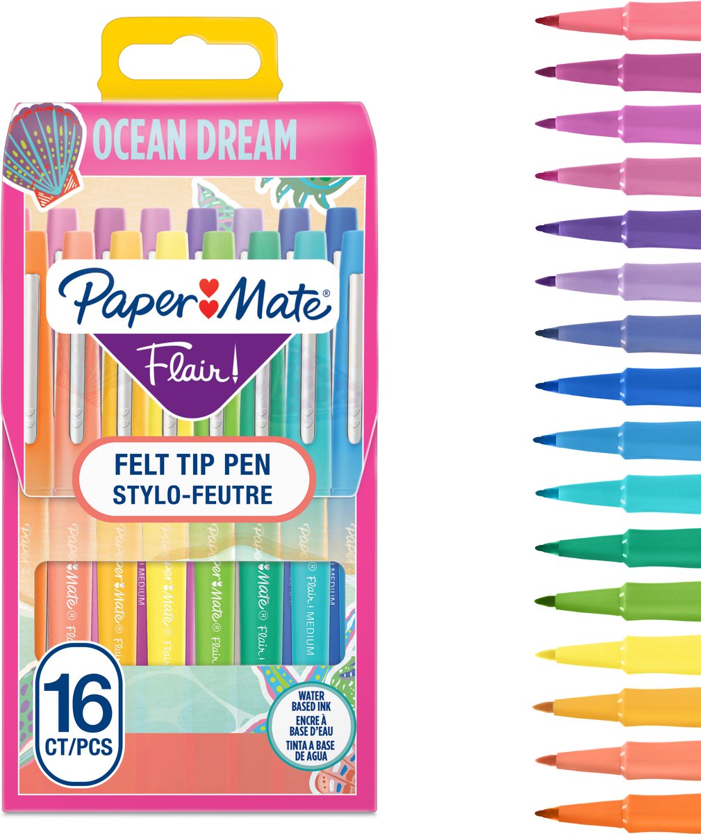 Paper mate flair tuschpenne | markører med et medium punkt (0,7 mm) | assorterede havdrøm farvemarkører | for børn voksne farvelægning, skriv mere ned | 16 tæller