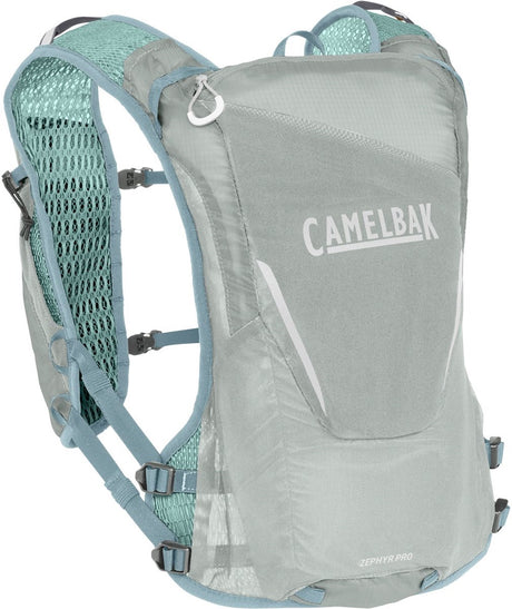 Camelbak zephyr vest til mænd - one size - ultralet materiale - plads til 2 fleksible 500 ml flasker - reflekterende - 8 rum - løbevest - drikkeholder - drikkepose - grå med turkis