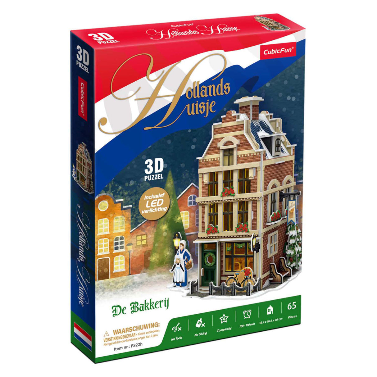 Kubisk sjovt 3D puslespil Hollandsk bageri med LED-belysning - 65 stk.