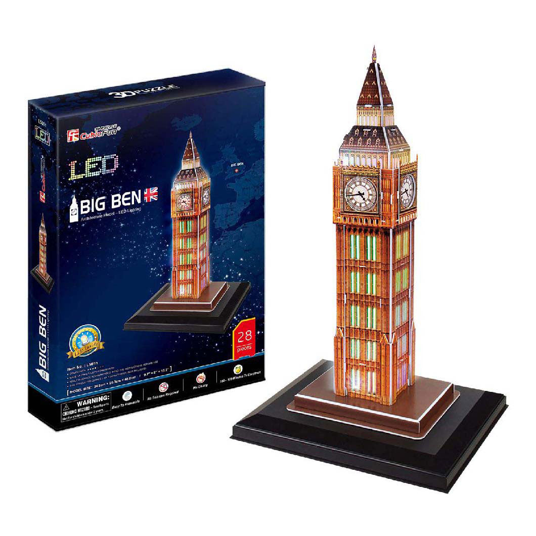 Kubisk sjovt 3D-puslespil Big Ben med LED-belysning