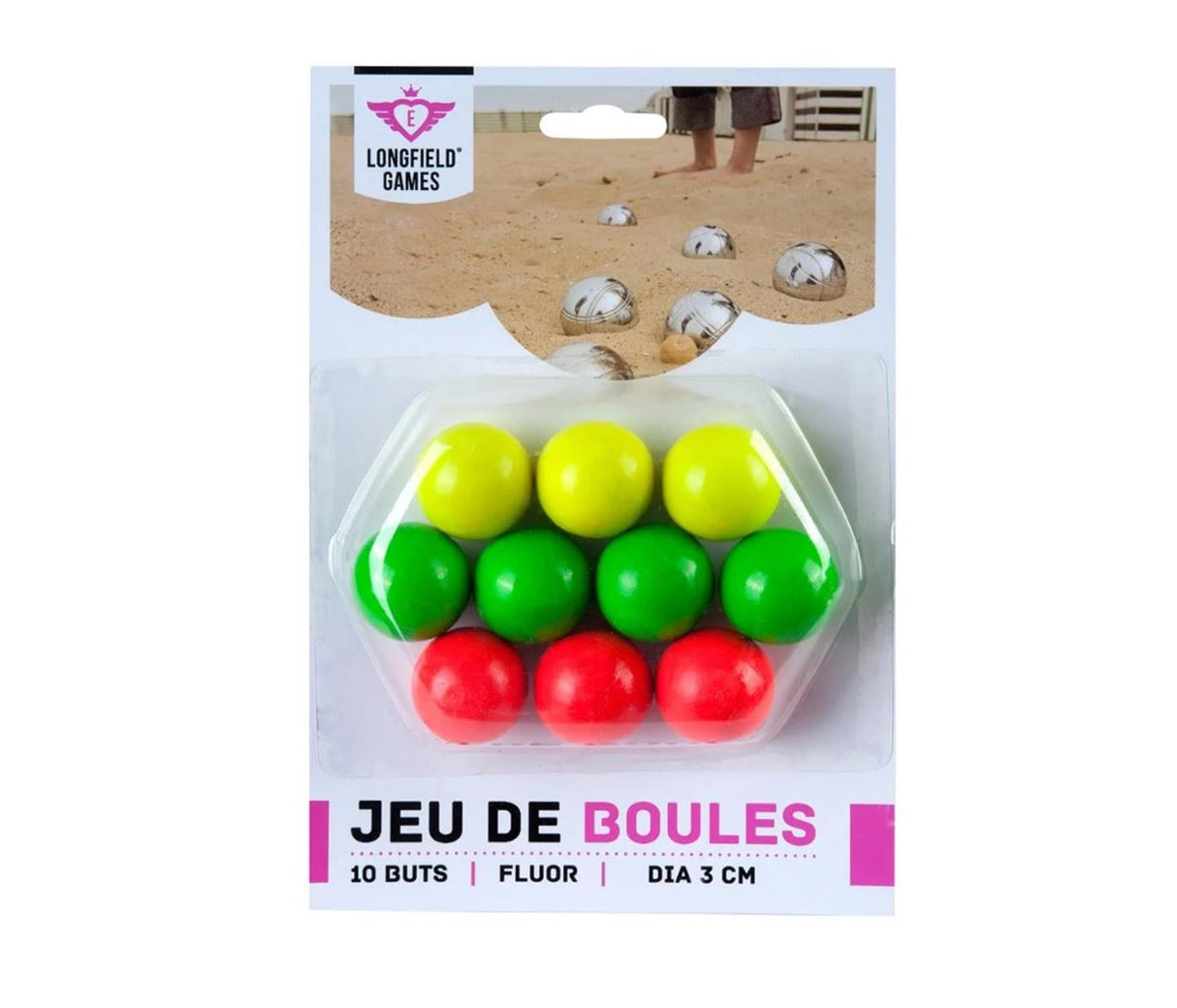 Longfield træstik jeu de boules – sæt med 10 stykker – fluorescerende farver – petanque målbolde – ø 30 mm – boule tilbehør – englehjerte