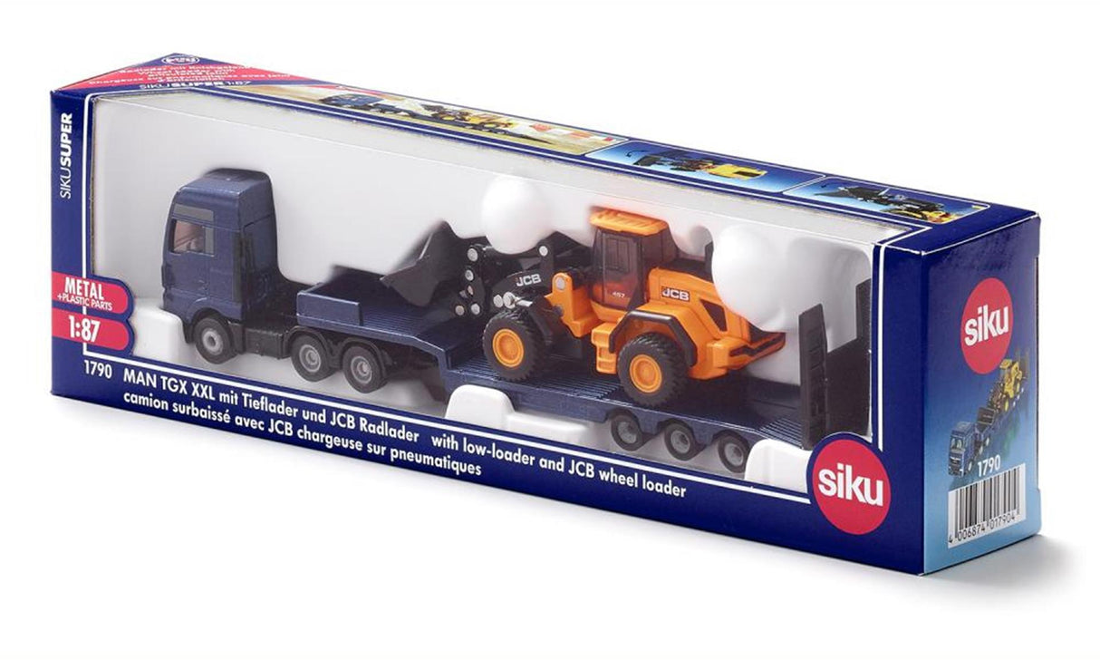Siku 1790, mandsvogn med lavlæsser og JCB skovl, 1:87, metal plast, blågul, klaprampe, bevægelig arm