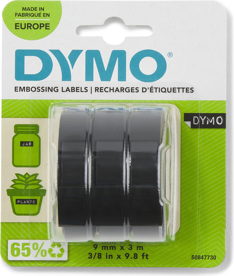 Dymo original præget etikettape | ruller på 9 mm x 3 m | hvid på sort | selvklæbende | til etiketmaskiner til prægning | 3 stk