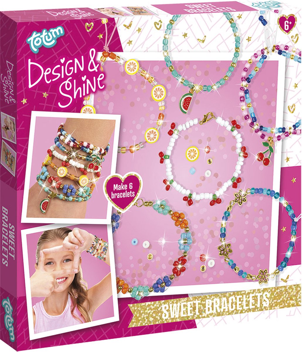 Totum design shine 6 perler til at lave armbånd med frugt, hjerte og blomster charms - søde armbånd smykkepakke gave tip kreativt legetøj fra 6 år