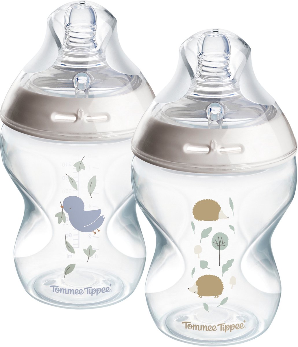 Tommee tippee naturlig start sutteflasker - sæt med 2 x 260 ml sutteflasker - lav tilførselshastighed - 0m+ - dekoreret