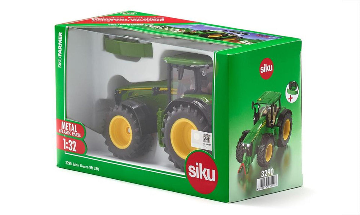 Siku 3290, John Deere 8R 370, 1:32, metal plast, grøn, inkl. kontravægt, hætten kan åbnes