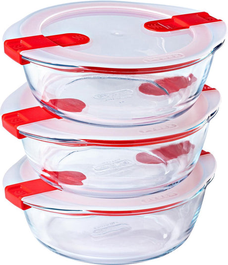 Pyrex - kog varmeskål rund med låg - kapacitet hver 1,1 liter - sæt med 3 stykker - gennemsigtig rød hvid