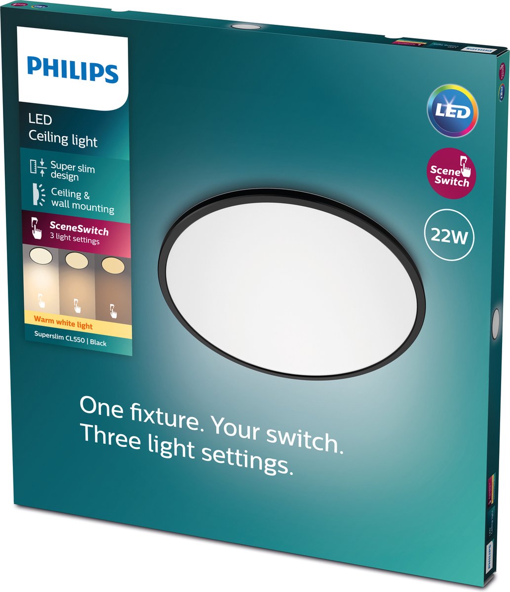 Philips led philips superslim plafondlamp - zwart - groot - warmwit licht - 22 w
