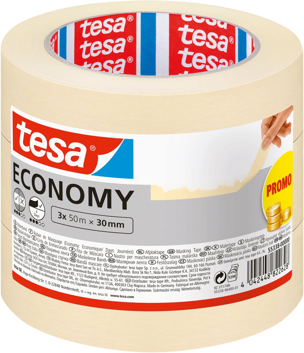 Tesa malertape professional - malertape af tyndt washipapir til særlig præcis afdækning under malerarbejde - til indendørs og udendørs - 50 m x 30 mm