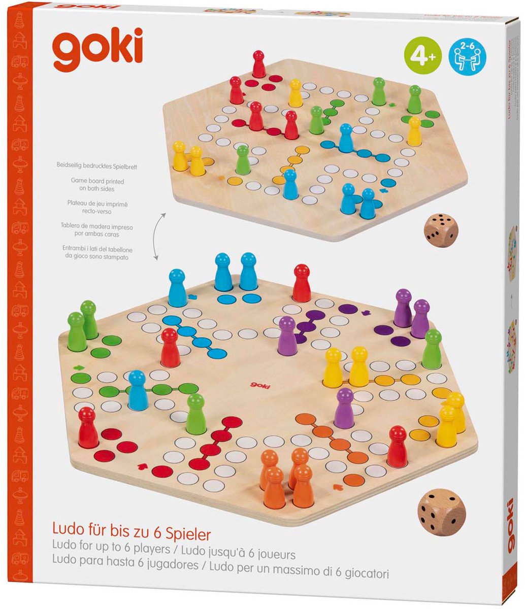 Goki træ ludo spil - klassisk brætspil til 6 spillere.