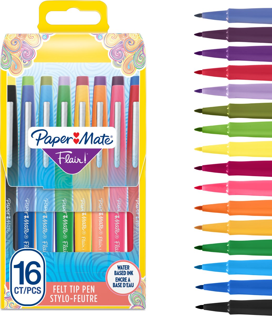 Paper mate flair tuschpenne | mellempunkt (0,7 mm) | forskellige farver | kuffert med 16 stk