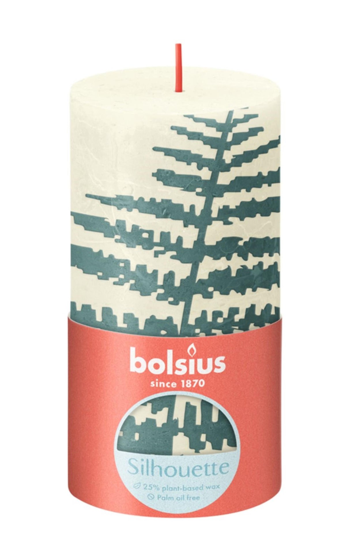 Bolsius rustik søjlelys 130 68mm blød perle med bregnesilhuet