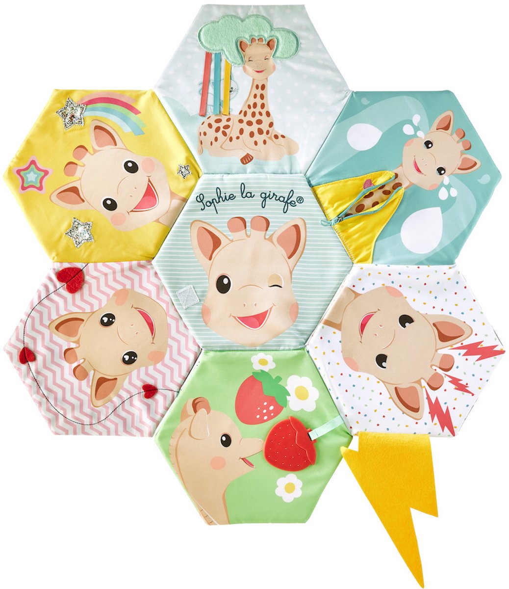 Sophie giraffen opdagelsesbog og legemåtte 2 i 1 – sanselig babybog med teksturer, lynlås, spejl, krøllet papir sort og hvid kontrastside – stimulerer syn, berøring, hørelse – 60x60 cm – fra 0 måneder