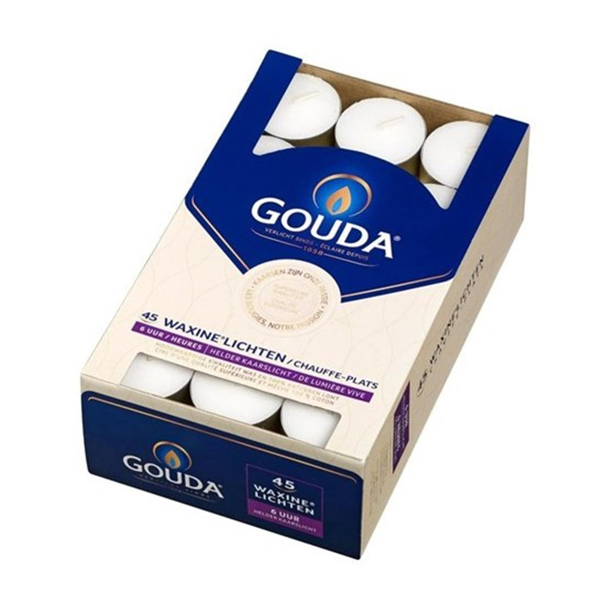 Gouda fyrfadslys brænder 6 timer i æske 45 stk