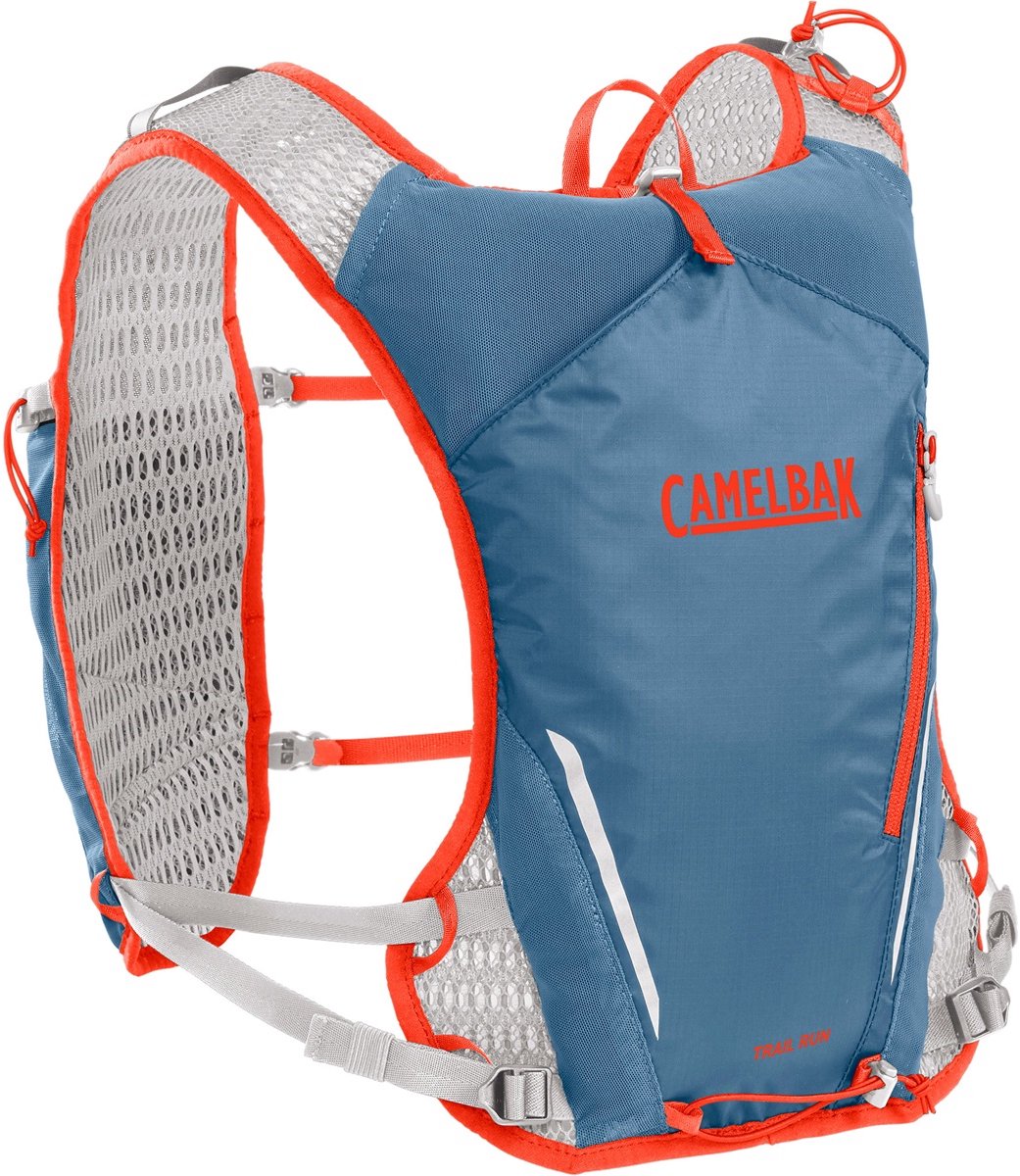 Camelbak trail run vest - hydreringsrygsæk - 5 l - reflekterende - plads til 2 fleksible 500 ml flasker - 3D micro mesh - løbevest - drikkeholder - letvægts - blå