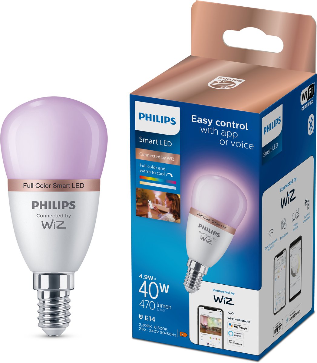 Philips smart lighting - kogellamp - slimme led-verlichting - gekleurd en wit licht - e14 - 40w - mat - wi-fi