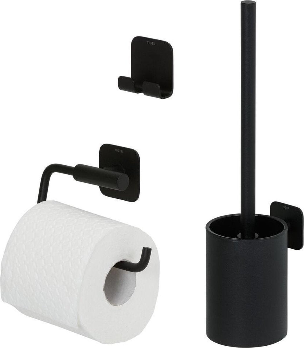 Tiger colar - toiletaccessoireset - toiletborstel met houder - toiletrolhouder zonder klep - handdoekhaak – - zwart