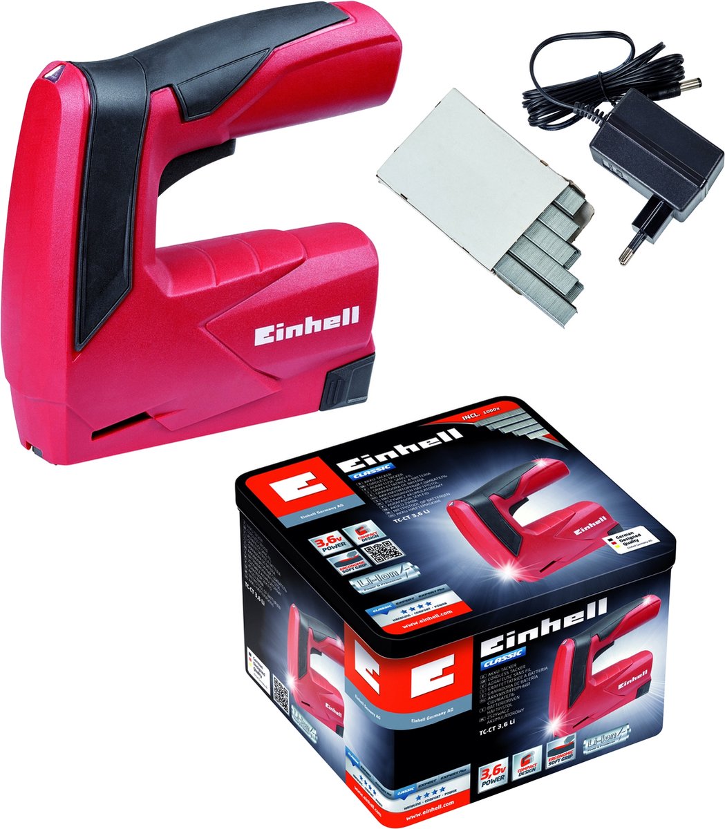 Einhell batterihæftemaskine tc-ct 3,6 li - 3,6v - 1,3ah - 30 skud min - inkl. metalboks, oplader 1000 hæfteklammer type 53