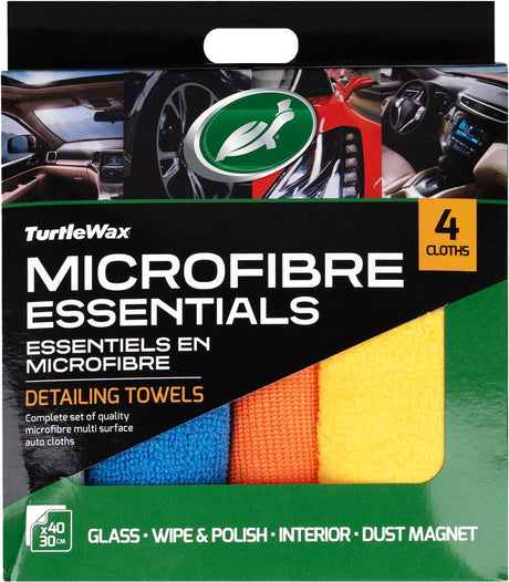 Turtle wax microfiber essentials kit - 4 forskellige mikrofiber klude - hver klud en specifik detalje opgave - glas rengøring, polering polering, indvendig rengøring - 40x30cm