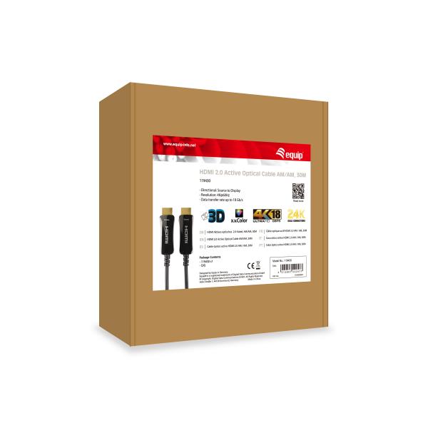 Udstyr 119430 hdmi 2.0 aktivt optisk kabel, hdmi type a -> hdmi type a 3d, 18 gbit s, 30m, sort